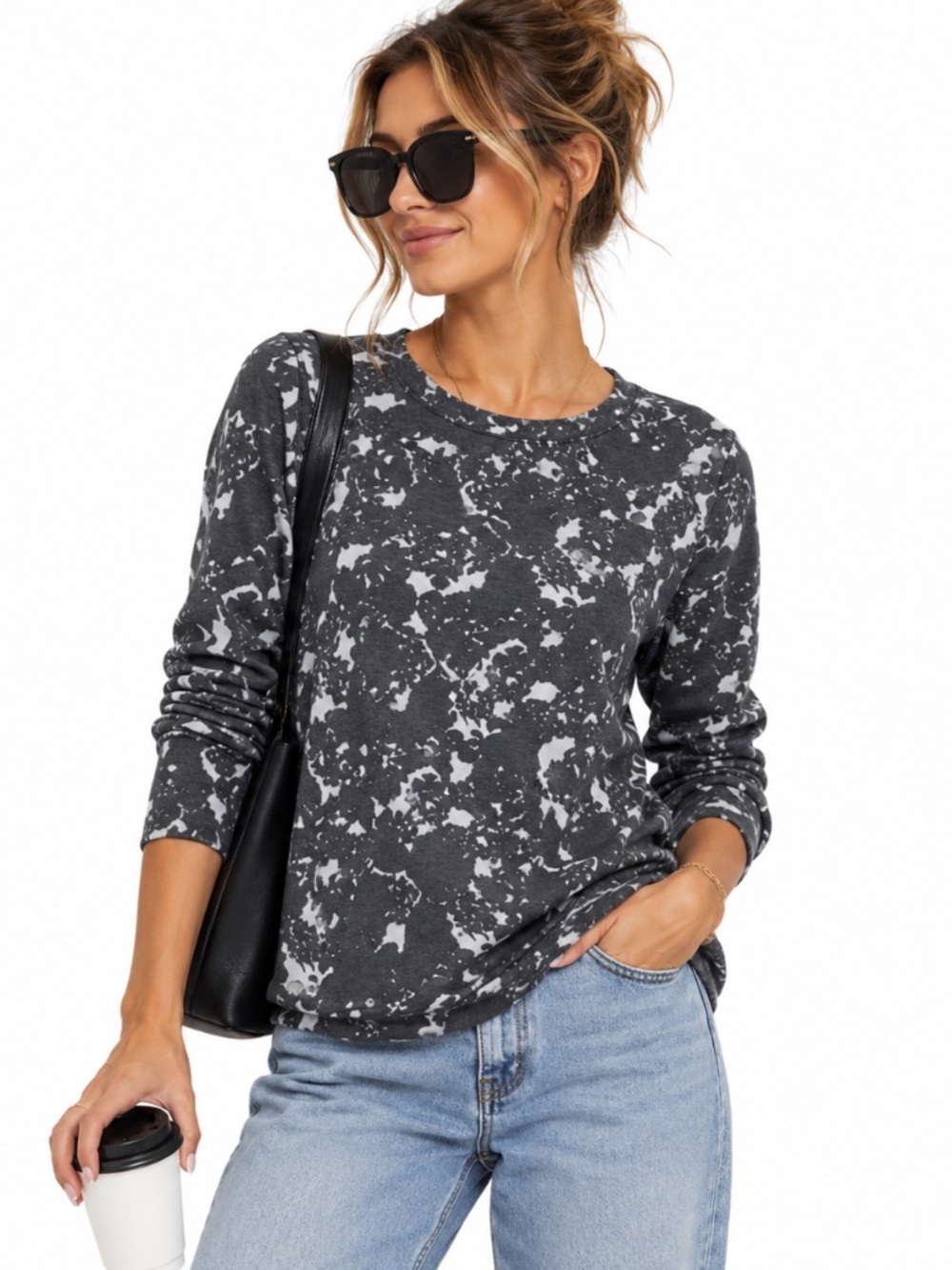 Fabletics Top, Long Sleeve Grey Splatter, Small